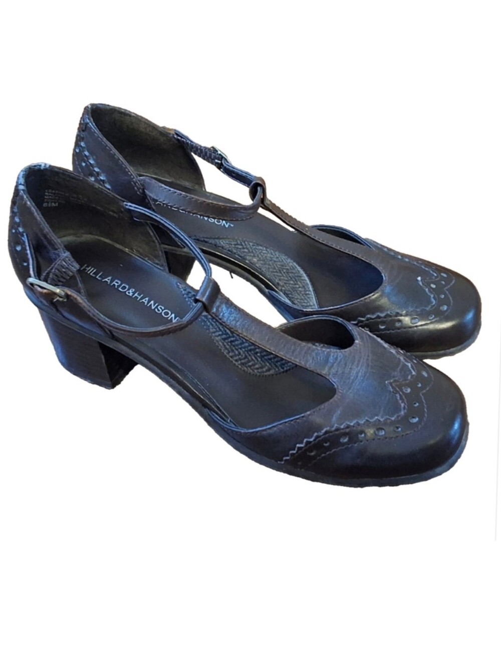 Hillard & Hanson Mary Jane Wingtip Block Heels Chocolate Leather Womens 6.5M Y2K